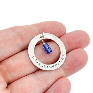 Sterling Silver 925 Blue Crystal "Live Laugh Love" Hammered Circle Pendant